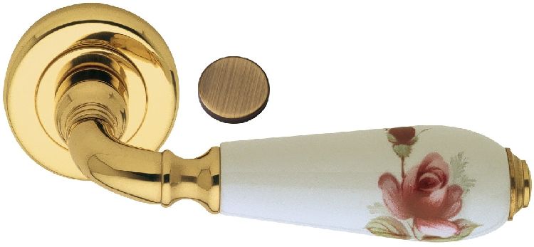 Maniglie In Ceramica Per Porte Interne.Maniglia Reguitti Modello Cinzia Per Porta Interna Su Rosetta E Bocchetta 006 Con Foro Normale In Ottone Bronzato Graffiato Opaco E Porcellana Decoro Fiore Harmony